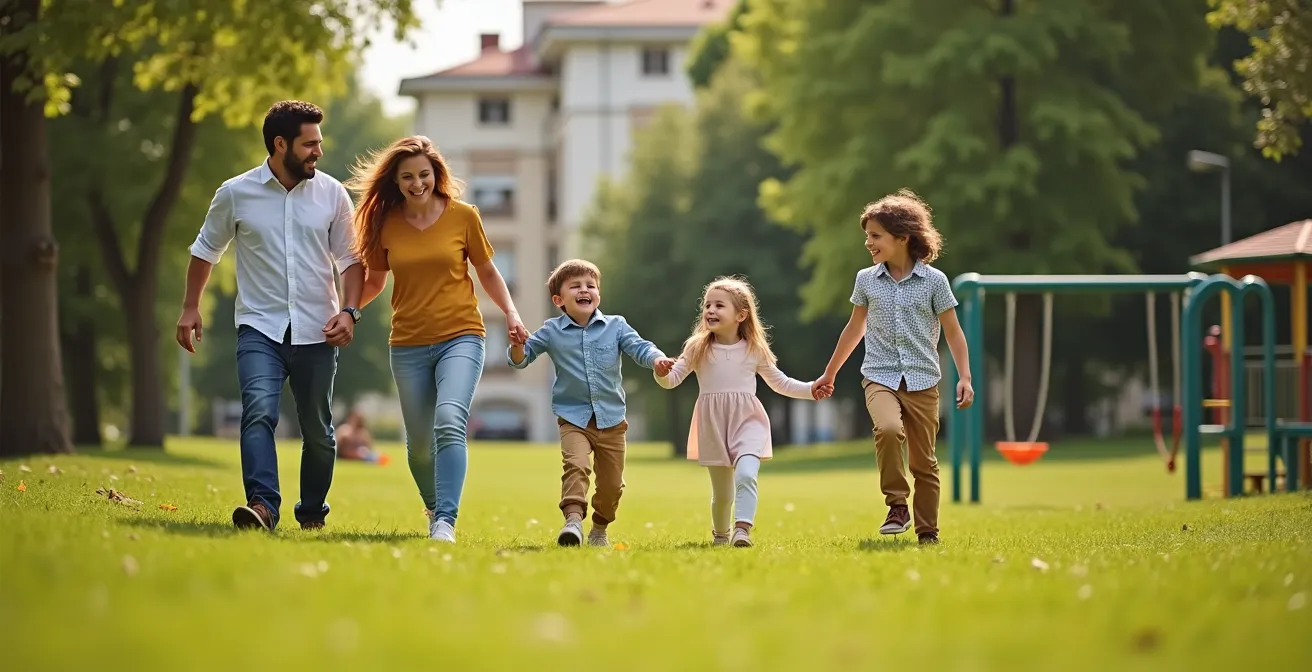 Famille dans un parc résidentiel de Saint-Herblain avec enfants et espaces verts