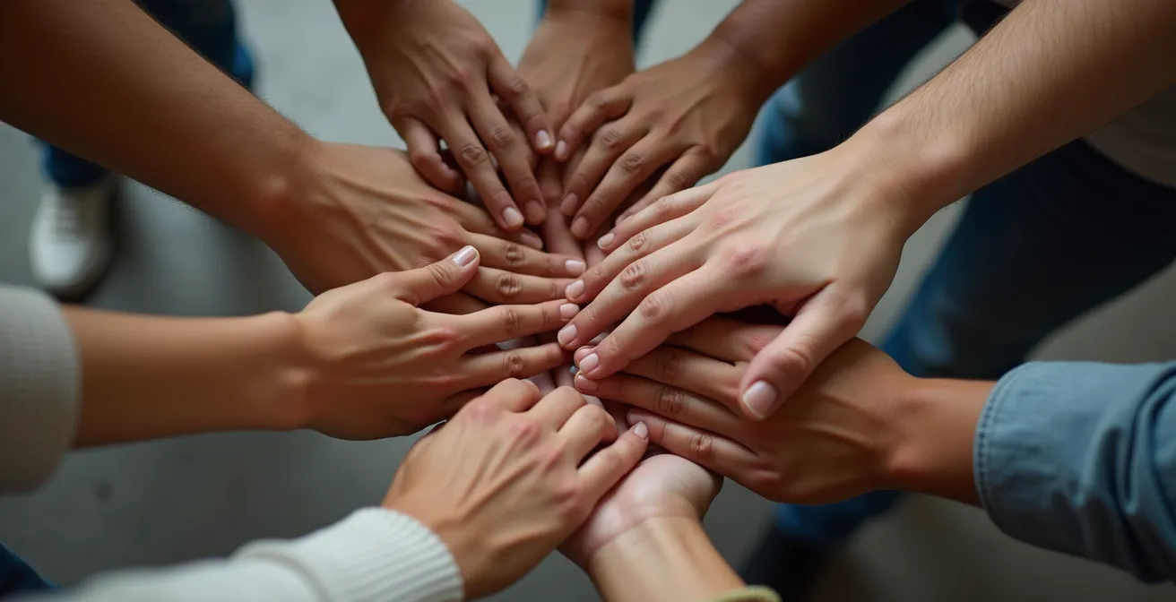 Photographie en gros plan de mains se serrant dans un groupe symbolisant la coalition des copropriétaires