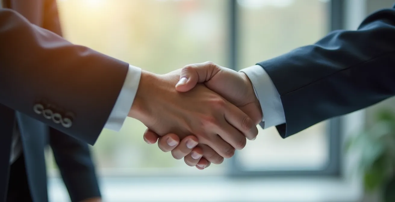 Photographie en plan moyen d'une poignée de main ferme entre deux personnes symbolisant la passation de pouvoir entre syndics