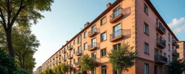 Photographie réaliste d'une scène urbaine à Toulouse avec un immeuble en copropriété mettant en valeur l'architecture locale, éclairage cinématographique et espace négatif propre