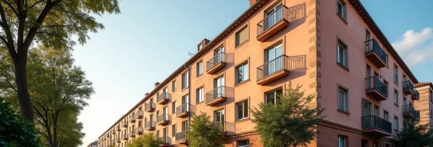 Photographie réaliste d'une scène urbaine à Toulouse avec un immeuble en copropriété mettant en valeur l'architecture locale, éclairage cinématographique et espace négatif propre