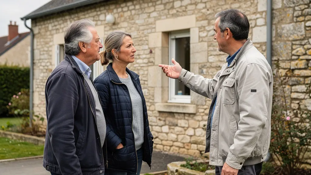Propriétaire discutant avec un artisan devant une maison avant travaux d'amélioration DPE