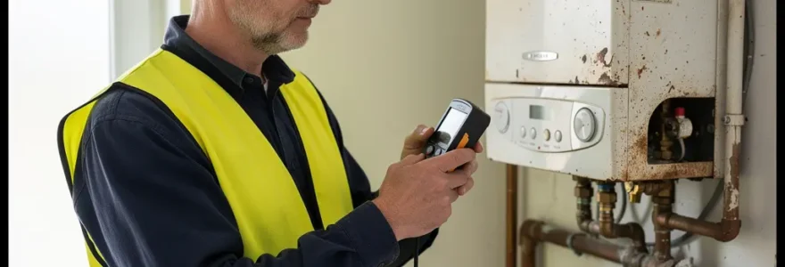 Technicien inspectant un système de chauffage pour améliorer le DPE