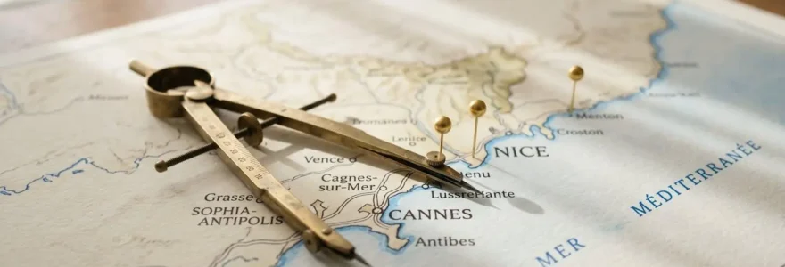 Boussole d'architecte en laiton posée sur une carte géographique de la Côte d'Azur avec épingles dorées marquant Nice, Cannes et Sophia-Antipolis, éclairée par lumière naturelle matinale