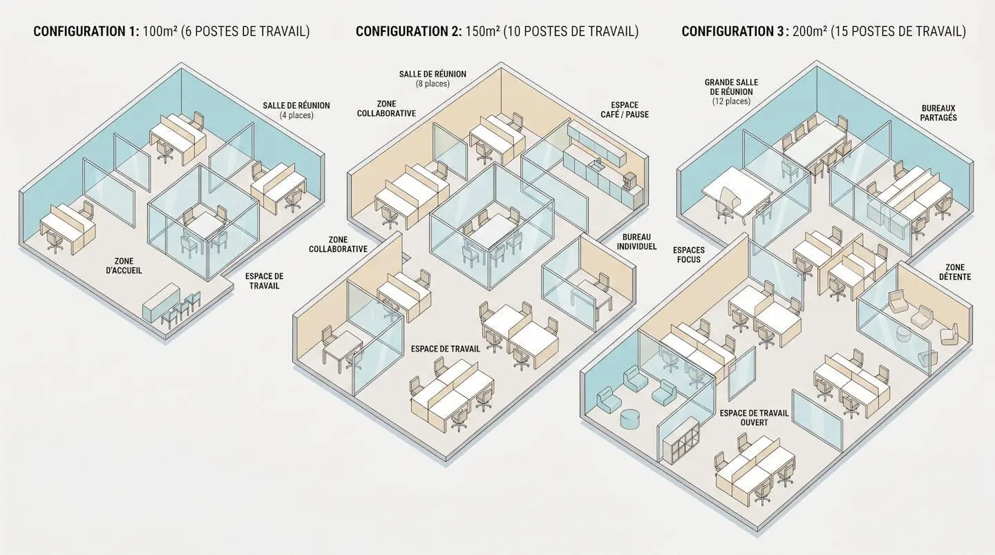 Illustration 3D isométrique de trois configurations de bureaux modulaires (100, 150, 200 m²) avec cloisons amovibles transparentes montrant la divisibilité des espaces