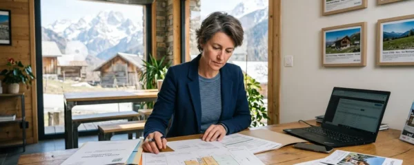 Professionnelle immobilière analysant des plans cadastraux et diagnostics dans une agence de montagne des Hautes-Alpes, massif alpin visible par la fenêtre en arrière-plan