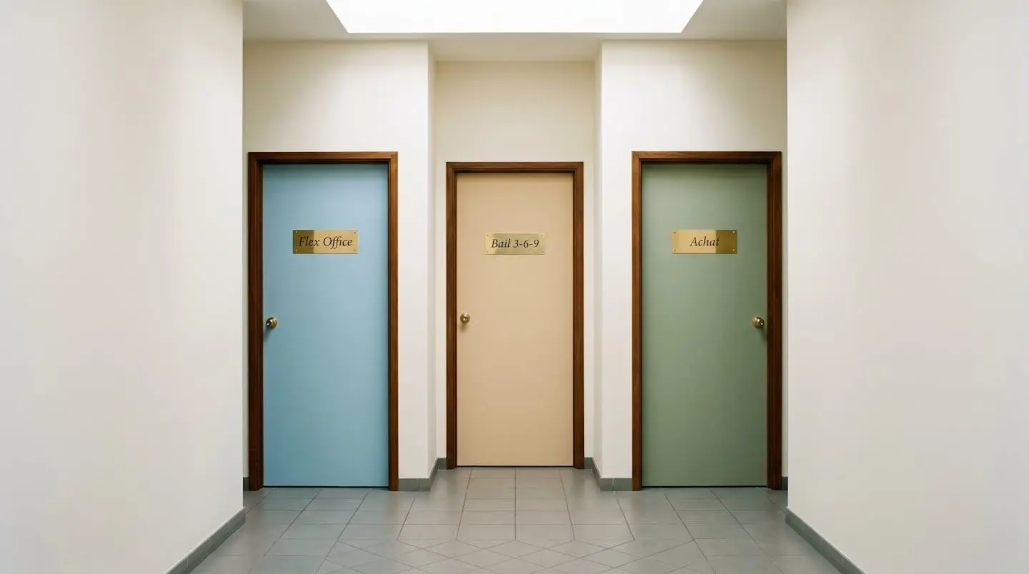 Trois portes en bois alignées symétriquement dans un couloir minimaliste, portant plaques 'Flex Office', 'Bail 3-6-9' et 'Achat', éclairées par lumière naturelle zénithale